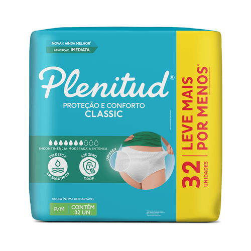 Roupa Íntima Descartável Unissex Plenitud Classic P/M Com 32 Unidades