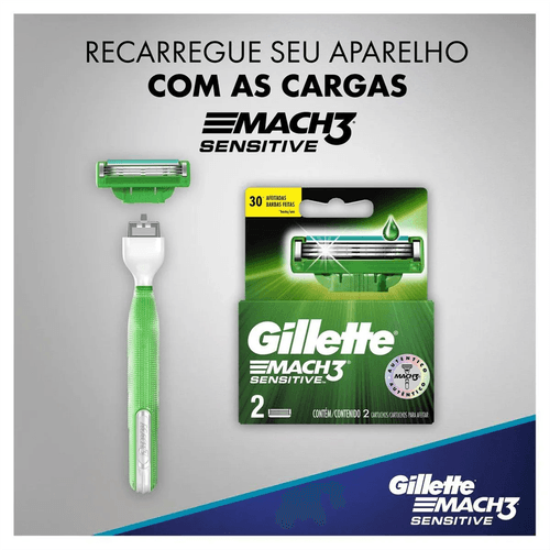 Aparelho de Barbear Gillette Mach3 Sensitive Acqua Grip com 2 Cargas