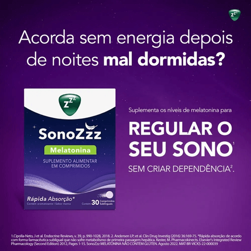 Suplemento Alimentar SonoZzz Vick Melatonina Menta com 30 Comprimidos