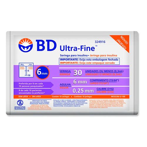 Seringa BD Insulina Ultra-Fine 30ui com 10 Unidades Agulha 6mm