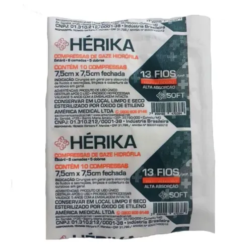 Compressa de Gaze Hérika Estéril 13 Fios Com 10 Unidades