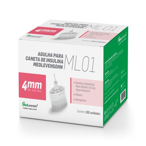 Agulha Descartável para Caneta de Insulina Medlevenshon 01 4mm com 100 Unidades