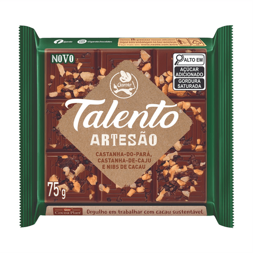 Barra de Chocolate Talento Artesao Castanha do Para, de Caju e Nibs de Cacau 75g