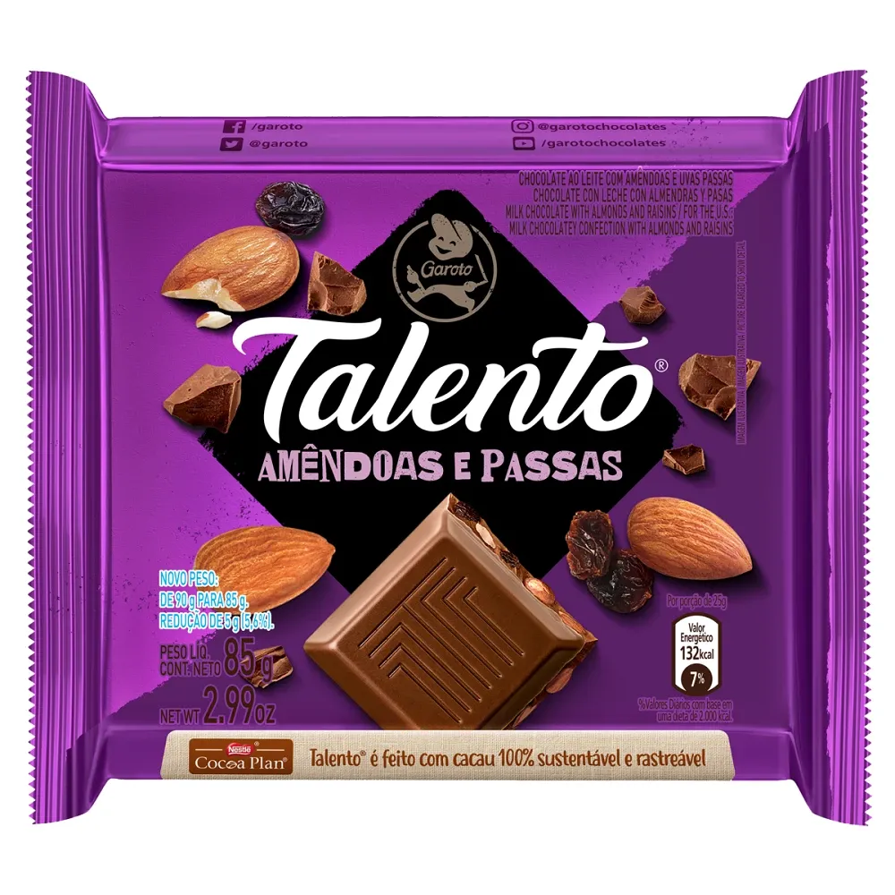 Chocolate Garoto Talento Amêndoas e Passas 85g