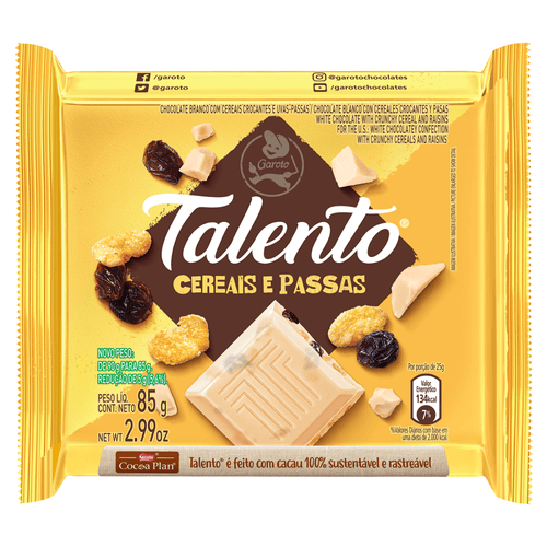 Chocolate Garoto Talento Branco com Cereais e Passas 85g