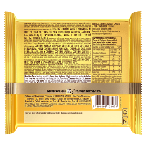 Chocolate Garoto Talento Branco com Cereais e Passas 85g