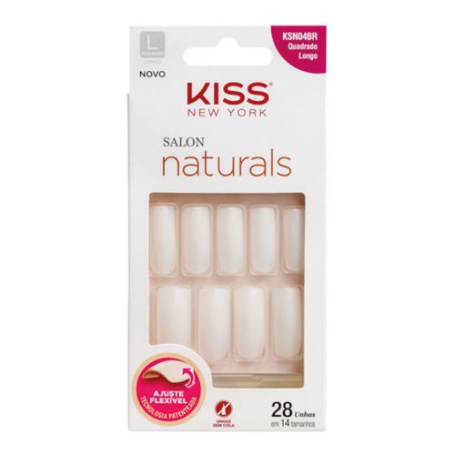 Unhas Postiças Kiss New York salon natural longo quadrado com 28 unhas