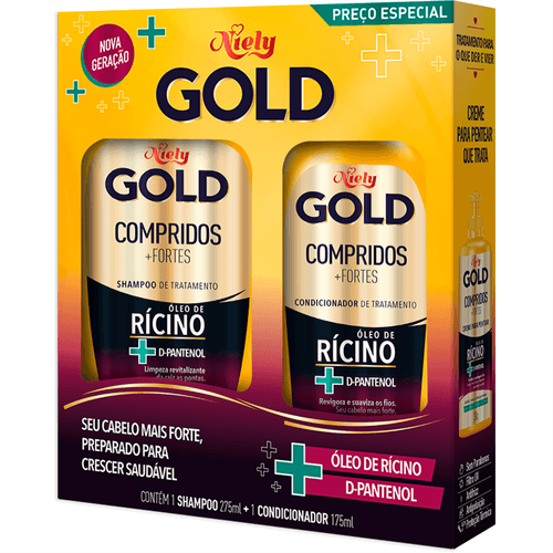 Kit Shampoo 275ml + Condicionador 175ml Niely Gold Compridos +Fortes Óleo de Rícino + D-Pantenol