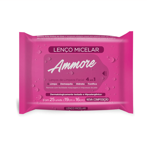 Lenço de Limpeza Facial Micelar 4 em 1 Ammore com 25 Unidades