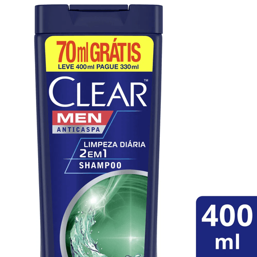 Shampoo Anticaspa Clear Men 2 em 1 Limpeza Diária 400ml Grátis 70ml