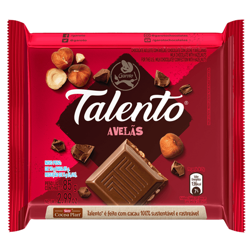 Chocolate Garoto Talento Avelãs 85g