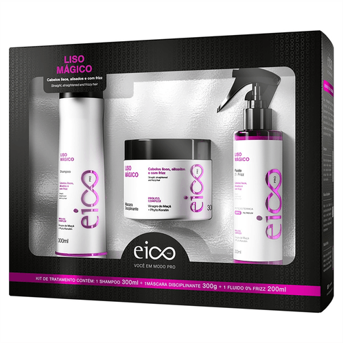 Kit Shampoo 300ml + Máscara 300g + Fluído 200ml Eico Pro Liso Mágico