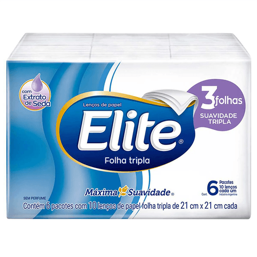 Kit Lenço de Papel Elite Folha Tripla Contendo 6 Pacotes com 10 Lenços Cada