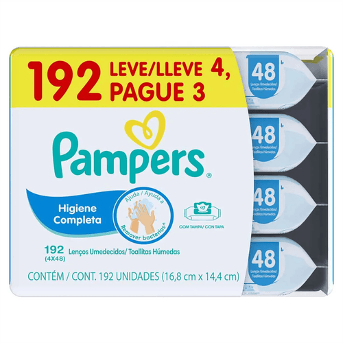 Kit Lenço Umedecido Pampers Limpeza Completa Leve 4 Pague 3 com 192 Unidades