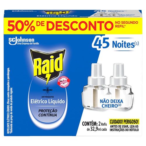 Repelente Elétrico Raid 45 Noites com 2 Refis 32,9ml 50% Desconto na 2ª Unidade