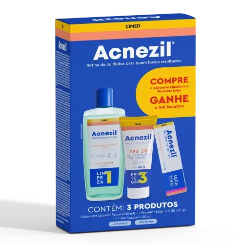 Kit Acnezil com Sabonete Líquido Facial 200ml + Protetor Solar FPS 30 60g + 1 Gel Secativo 10g