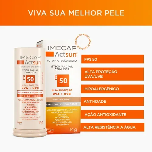 Protetor Solar Facial Stick Imecap Actsun FPS 50 Tom 2.0 Médio 14g