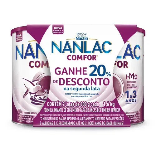 Kit Fórmula Infantil Nanlac Comfor 1 a 3 anos com 2 unidades de 800g 20% de Desconto na Segunda Unidade