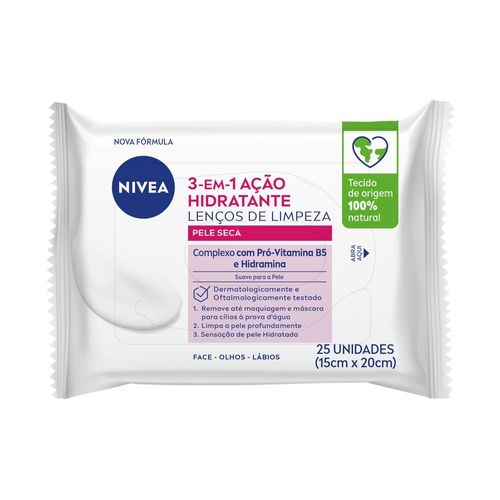 Lenço Demaquilante Nivea Limpeza Pele Seca 3 em1  com 25 unidades