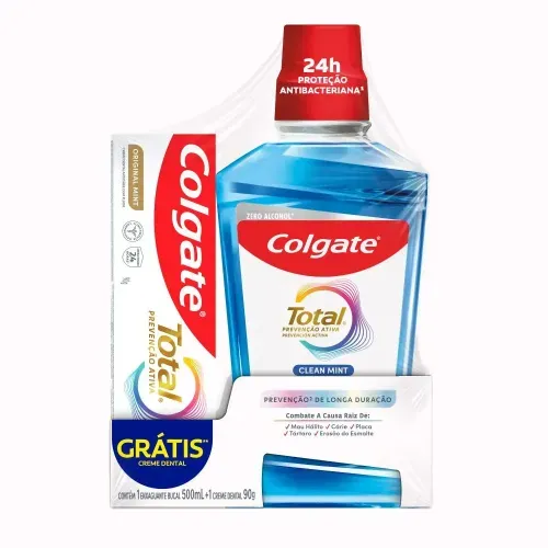 Kit Creme Dental Colgate Total 12 90g +  Enxaguante Bucal Clean Mint 500ml