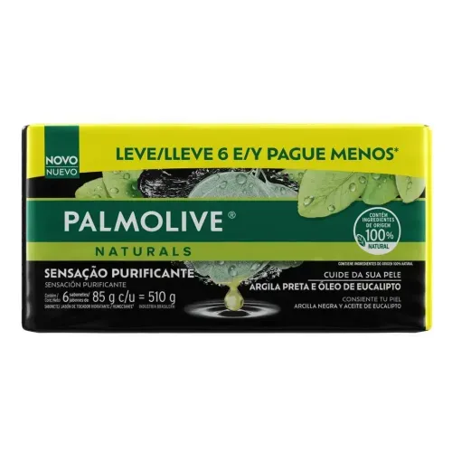 Kit Sabonete Barra Palmolive Naturals Argila Preta e Óleo Eucalipto 6 Unidades 85g