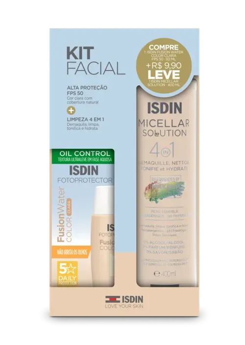 Kit Protetor Solar Isdin Fusion Water Cor Clara FPS 50 50ml + Água Micelar Facial 400ml