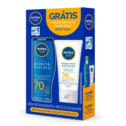 Kit Nivea Sun Rotina de Proteção Completa Protetor Solar Protect & Hidrata FPS 70 com 200ml + Facial Toque Seco Antissinais FPS 70 com 40ml