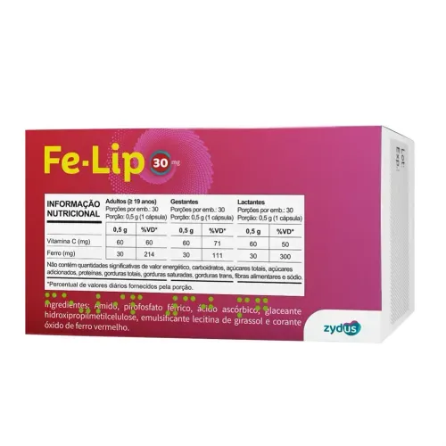 Fe-Lip 15 mg Suplemento Alimentar Ferro e Vit C com 30 Cápsulas