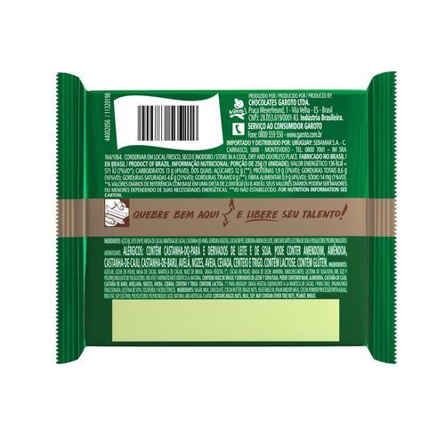 Chocolate Garoto Talento ao Leite com Castanhas-do-Pará 25g