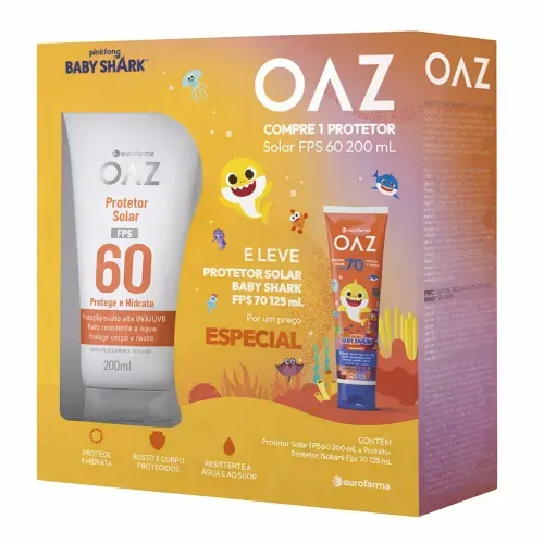 Kit Protetor Solar OAZ FPS60 200ml + Protetor Solar OAZ Baby Shark FPS70 125ml Preço Especial