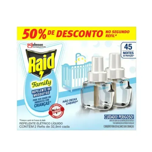 Kit Repelente Elétrico Raid Family 45 Noites com 2 Refis 32,9ml 50% Desconto na 2ª Unidade