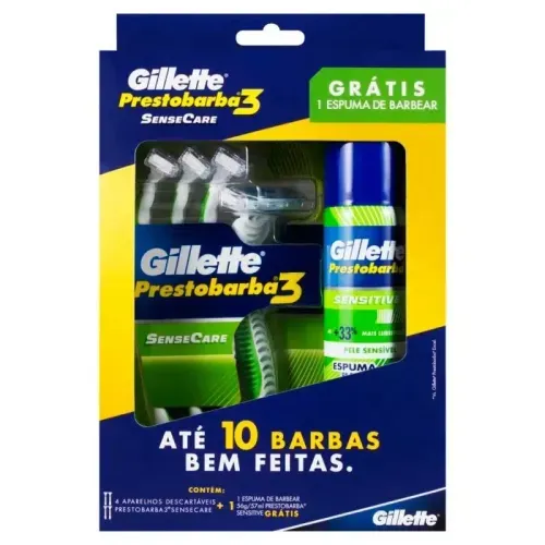 Kit Aparelho de Barbear Gillette Prestobarba3 Sensecare Com 4 Unidades Grátis Mini Espuma