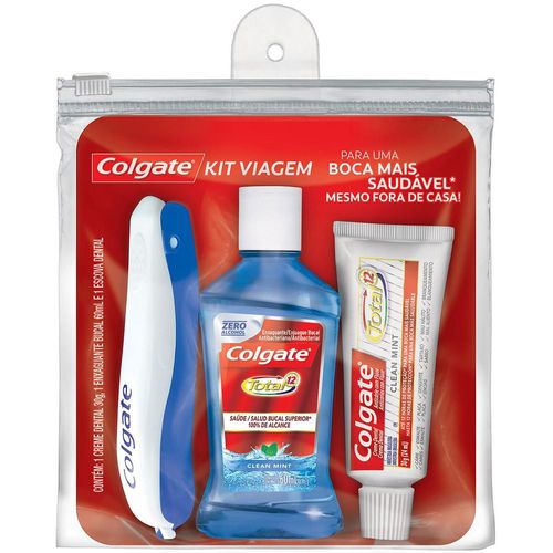 Kit Viagem Creme Dental Colgate Total12 Clean Mint 30g + Enxaguante Bucal Total 12 60ml + Escova Dental
