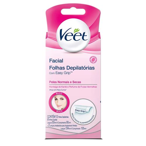 Folhas Depilatórias de cera fria facial Veet pele normal e seca com 12 unidades