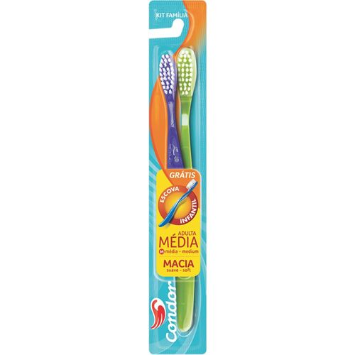 Kit Escova dental Condor família com 1 escova aldulto média grátis 1 escova infantil macia