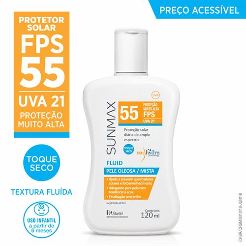 Protetor Solar Sunmax Fluid FPS55 pele oleosa/mista 120ml