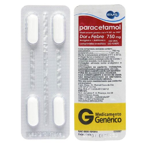 Paracetamol 750mg com 4 comprimidos EMS