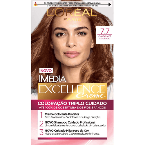 Tintura Creme Imédia Excellence 7.7 Chocolate Dourado kit