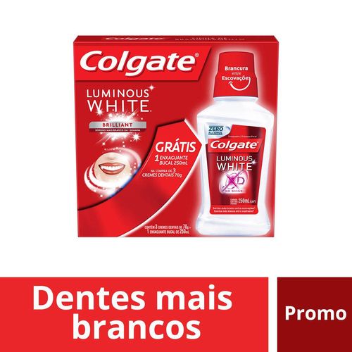 Kit Creme Dental Colgate Luminous 70g com 3 Unidades Grátis Enxaguante Bucal 250ml