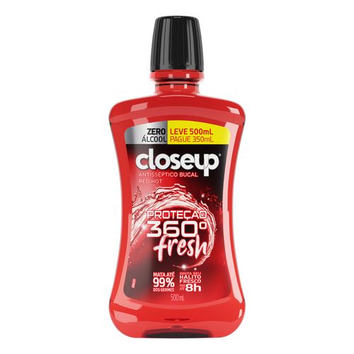 Antisséptico Bucal Closeup Proteção 360° Fresh Red Hot Zero Álcool Leve 500ml Pague 350ml